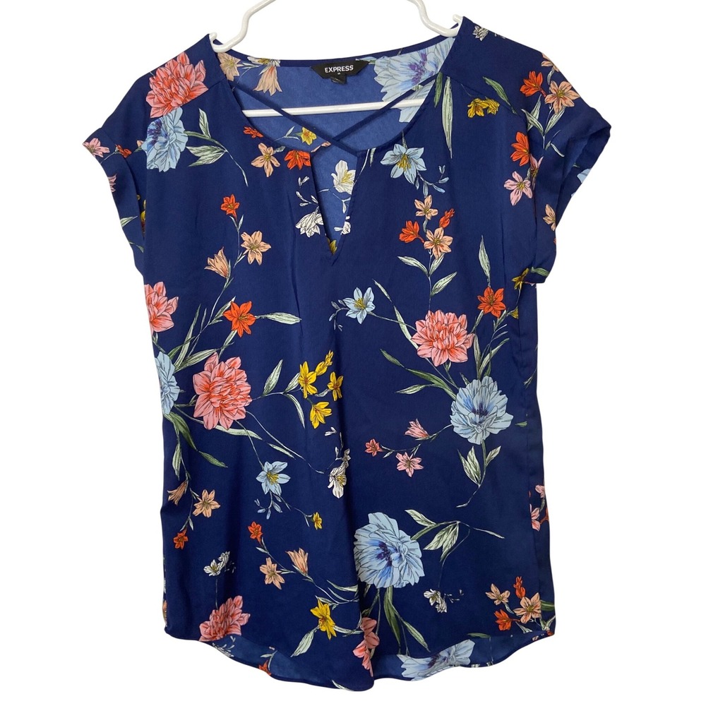 Express Women's Small Blue Floral Short Sleeve V-Neck Blouse Top